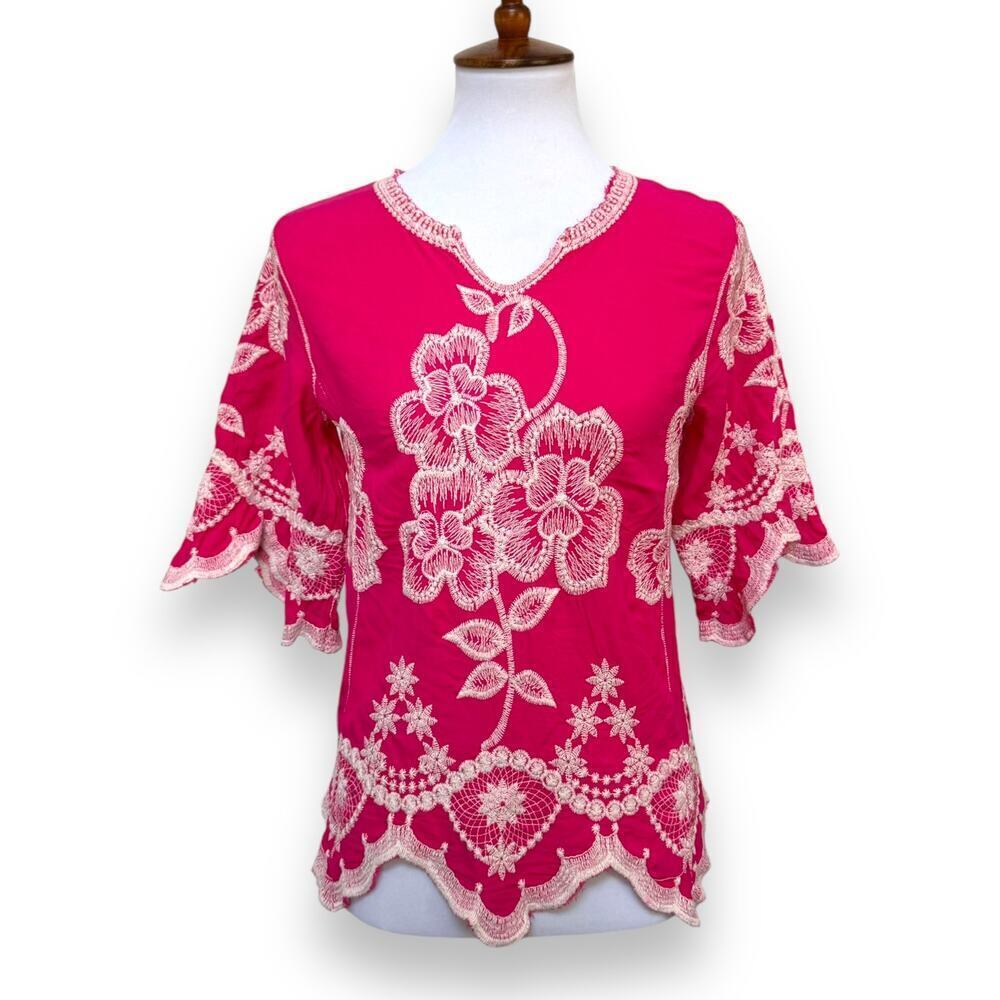 🍀Solitaire Embroidered Floral Bell Sleeve Peasant Boho Top Fuchsia Pink Womens S - Picture 2 of 11
